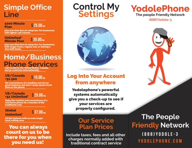YodolePhone brochure: Simple Office Line plans starting at $25/mo, Home and Business phone services to the US, Canada and 51 countries, and the Control My Settings account portal — The People Friendly Network.